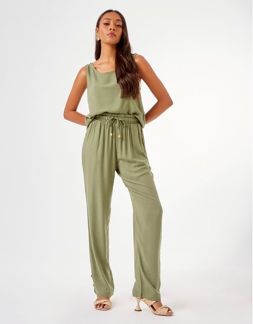 Calça Reta Cós Elástico - Verde Militar