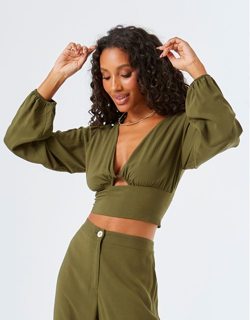 Blusa Cropped Manga Bufante - Verde Oliva