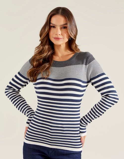 Blusa Tricot Gola Redonda - Off White C/ Marinho