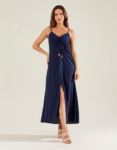 Vestido Busto Franzido Fenda - Azul Marinho