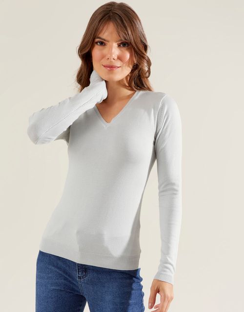 Blusa Manga Longa Tricot Decote v - Cinza