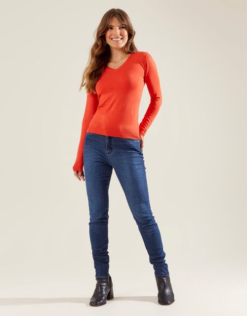 Blusa Manga Longa Tricot Decote v - Vermelho
