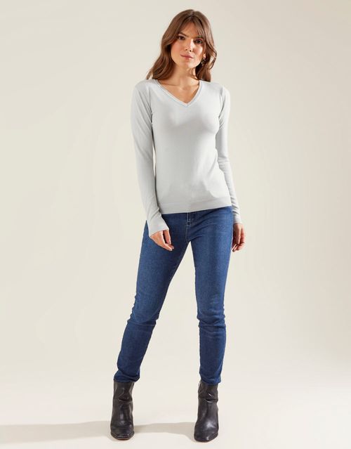 Blusa Manga Longa Tricot Decote v - Cinza