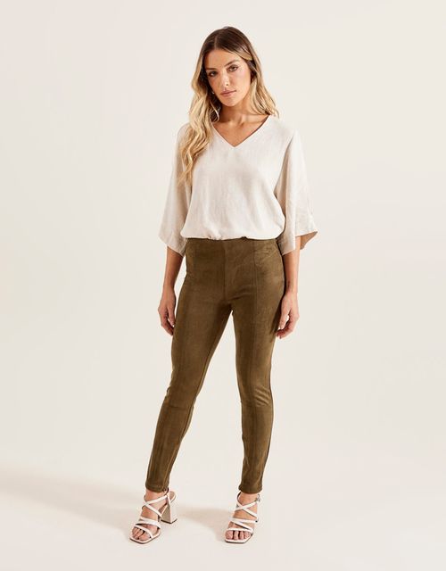 Calça Camurça Zíper Recortes - Verde Militar