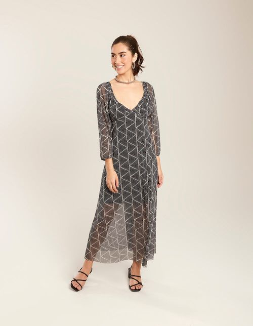 Vestido Midi Estampado Thalita - Preto