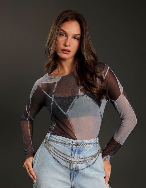 Blusa Estampada Patch Jeans - Cinza