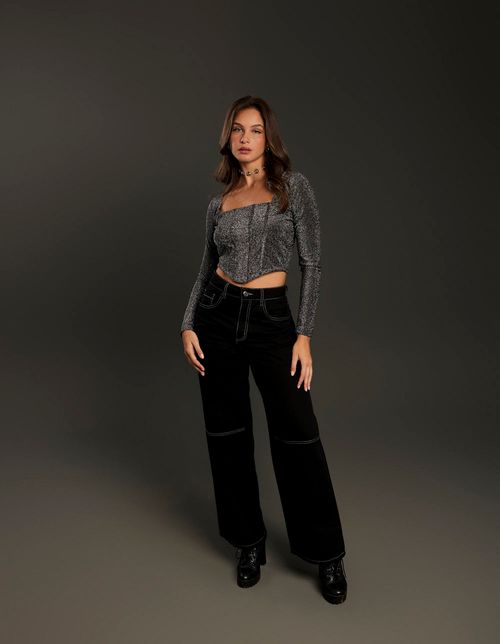 Blusa Lurex Manga Longa - Preto