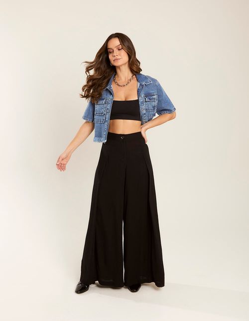 Calça Pantalona Pregas - Preto