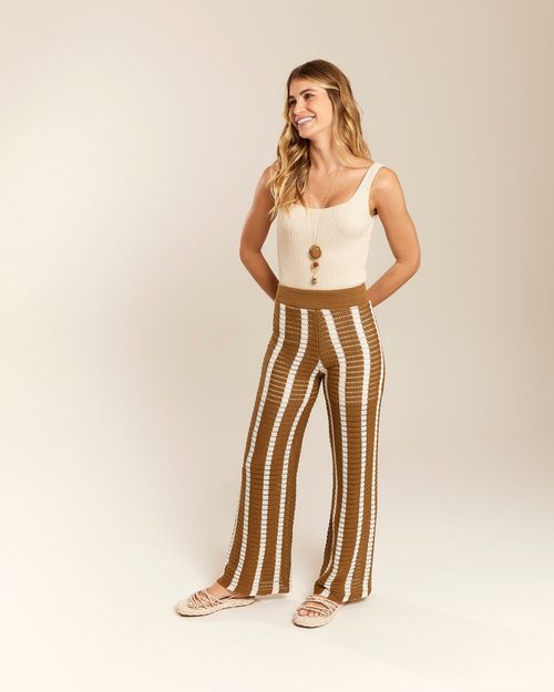 Calça Tricot Listras Verticais - Camel
