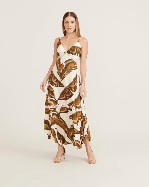 Vestido New Longo Estampado Penas - Off White