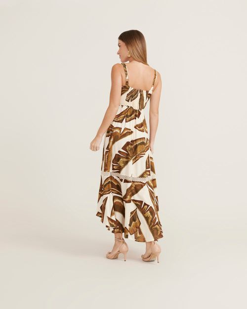 Vestido New Longo Estampado Penas - Off White