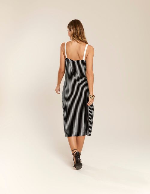 Vestido Listrado Alças Bicolor - Preto