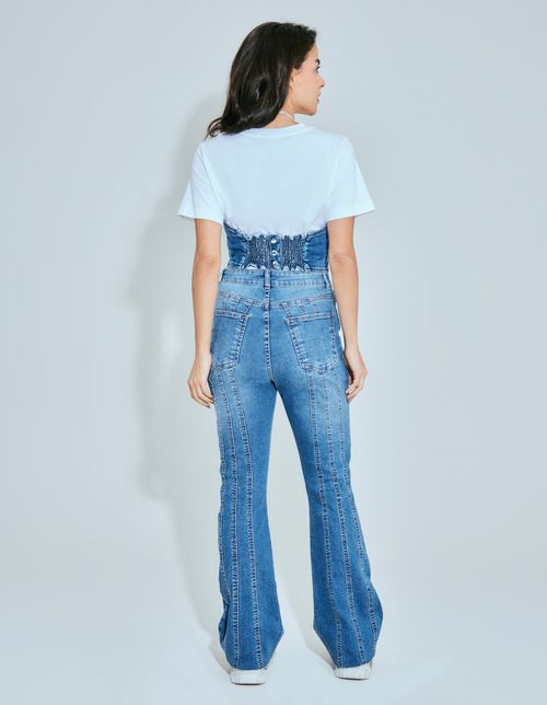 Top Corset Jeans Sobreposição - Denim Medio
