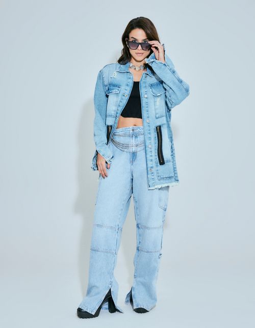 Jaqueta Jeans Oversized Ziper - Denim Medio