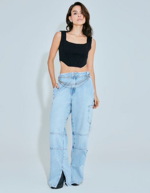 Calça Cargo Jeans Fenda - Denim Medio