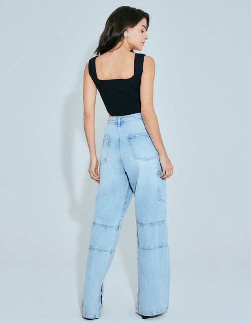 Calça Cargo Jeans Fenda - Denim Medio