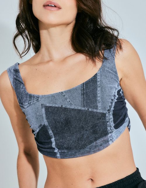 Corset Tule Estampado Patch Jeans - Cinza
