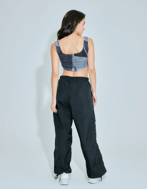 Corset Tule Estampado Patch Jeans - Cinza