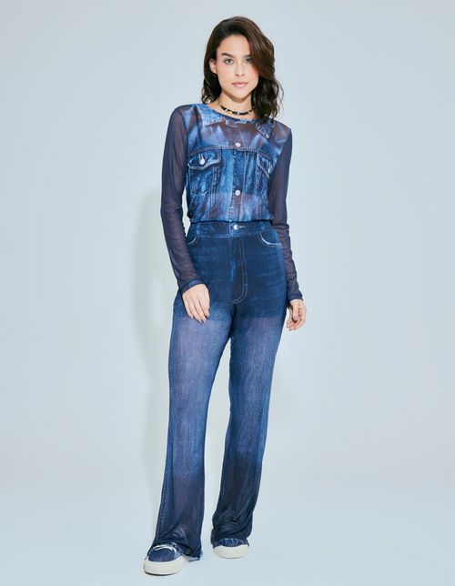 Calça Flare Tule Localizado - Denim Medio