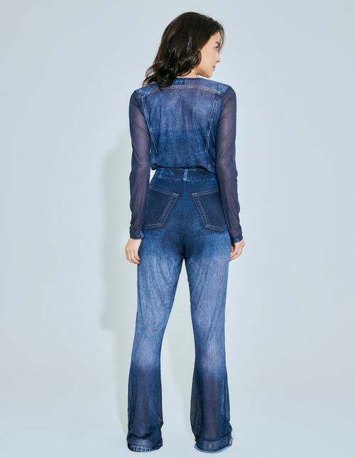 Calça Flare Tule Localizado - Denim Medio