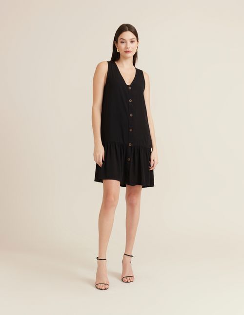 Vestido Sem Manga Detalhe Botões - Preto