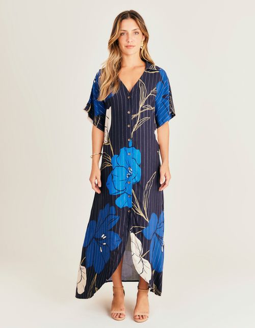 Chemise Estampada Blue Jasmim - Azul Marinho