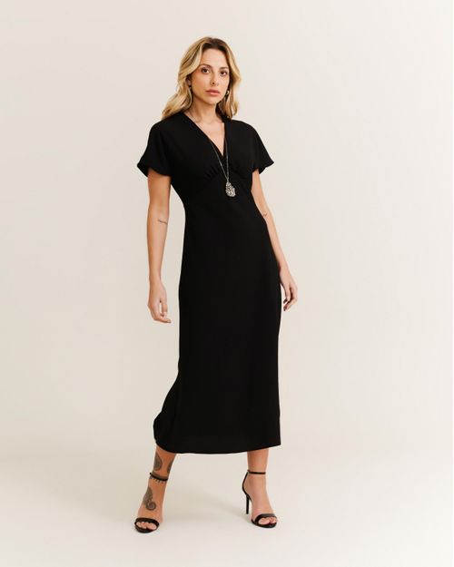 Vestido Longo Pregas - Preto