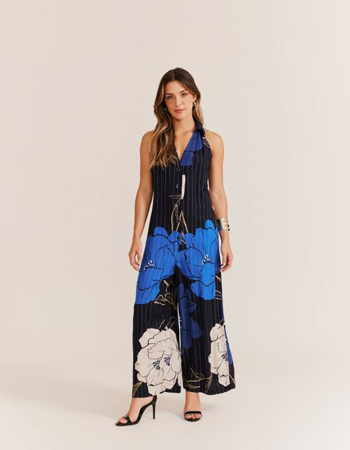Macacão Estampado Blue Jasmim - Azul Marinho