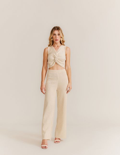 Calça Pantalona Tricot Lurex - Off White C/ Dourado