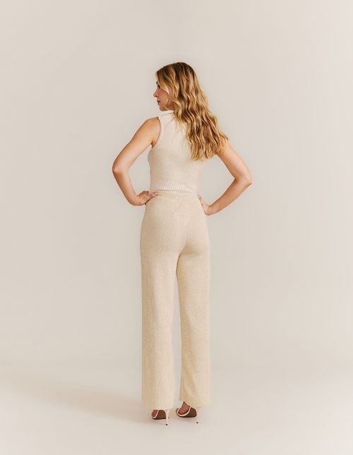 Calça Pantalona Tricot Lurex - Off White C/ Dourado