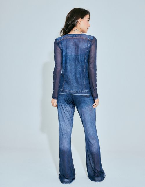 Blusa Tule Manga Longa Localizado - Denim Medio