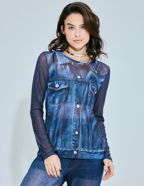Blusa Tule Manga Longa Localizado - Denim Medio