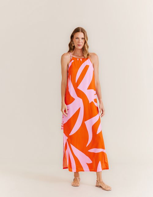 Vestido Longo Estampado Mix Folhas - Rosa