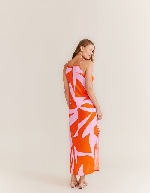 Vestido Longo Estampado Mix Folhas - Rosa