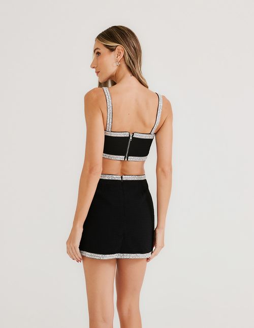 Blusa Cropped Aplicações Pedras - Preto