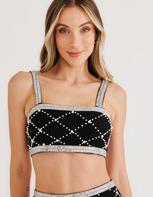 Blusa Cropped Aplicações Pedras - Preto