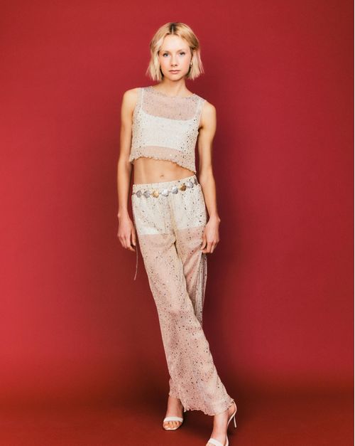 Calça Tule Respingos Prata - Nude / Prata