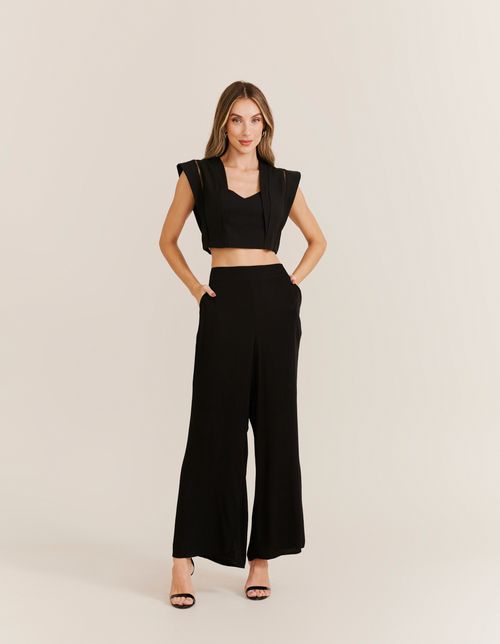 Calça Ampla Bolsos Laterais - Preto