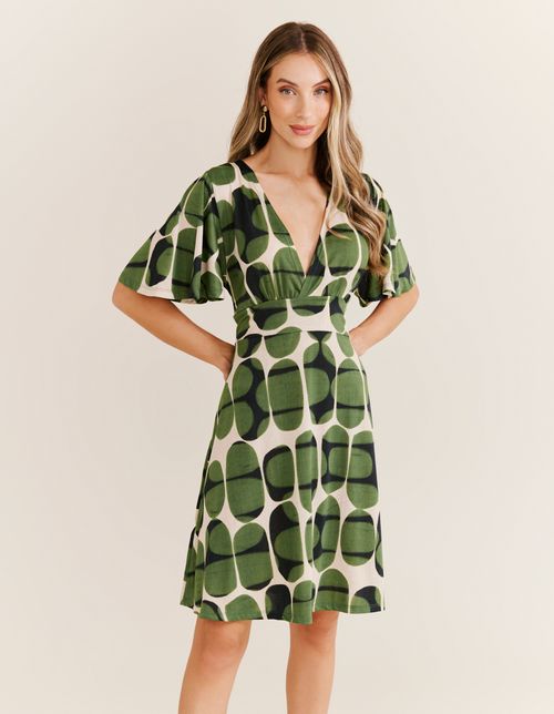 Vestido Curto Estampado Pastilhas - Areia