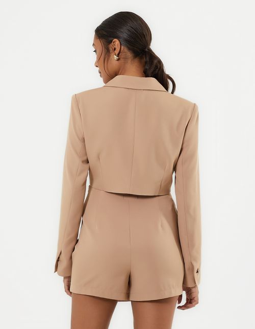 Blazer Cropped Transpassado Alfaiataria - Bege