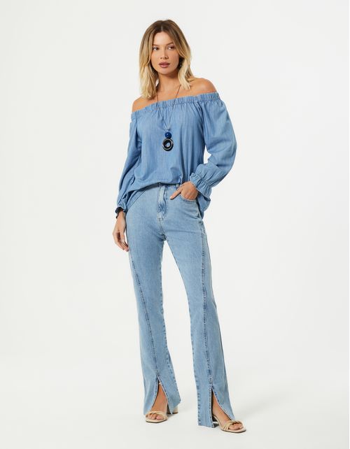 Calça Jeans Fenda Boot Cut - Denim Claro
