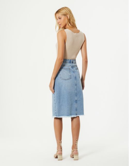 Saia Jeans Midi Com Fenda - Denim Medio