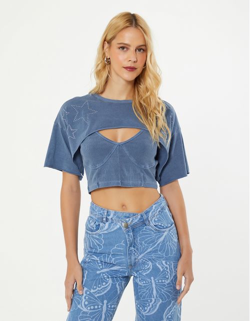 Mini Cropped Estrelas - Azul Denim