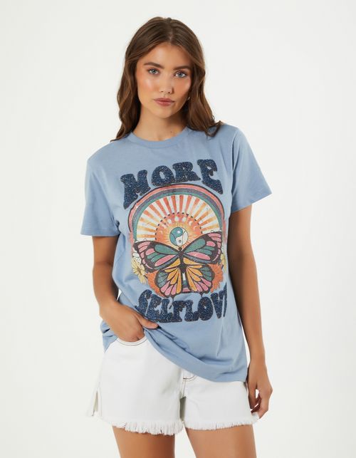 T-Shirt Alongada Borboleta - Azul Acinzentado