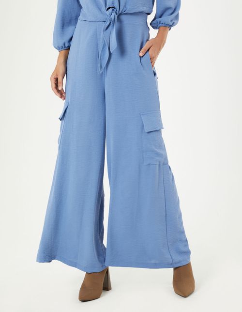 Calça Pantalona Bolsos Laterais - Azul Jeans