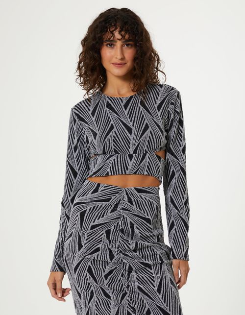 Blusa Cropped em Malha Com Recortes - Preto Com Prata
