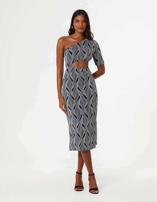 Vestido em Malha Com Recortes e Ombro Só - Preto Com Prata