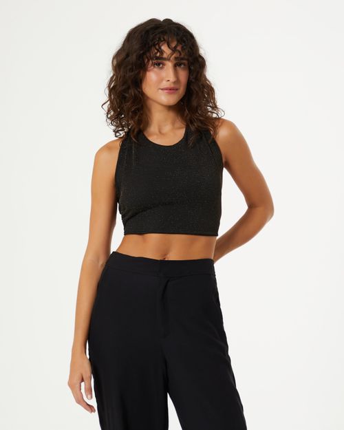 Blusa Cropped em Malha Multi Amarraçoes - Preto Com Dourado