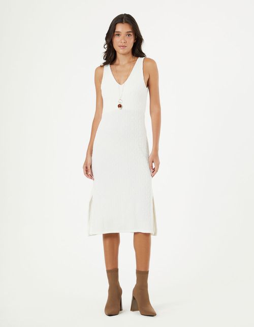 Vestido Midi Decote v Textura - Nata