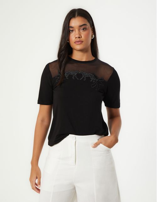 Blusa Malha Bordado Frente - Preto